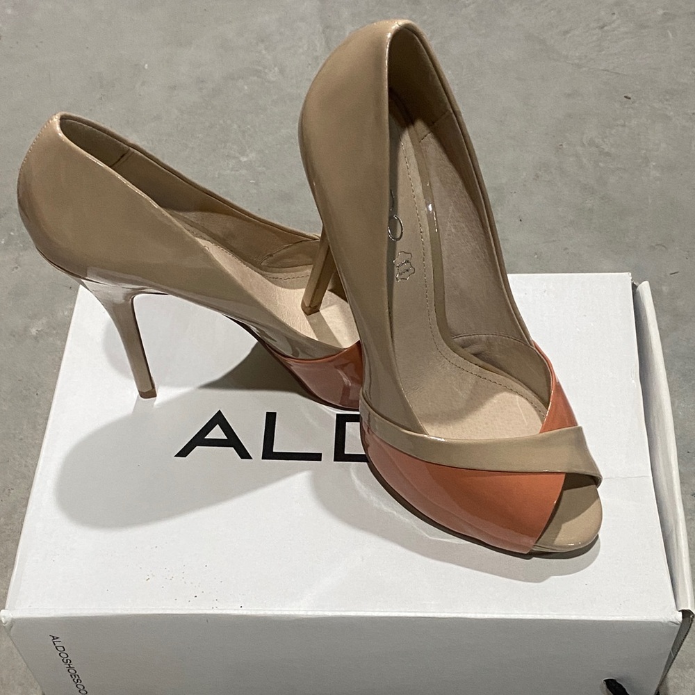 ALDO Nude and Coral Patent Peep-Toe Stiletto Heels